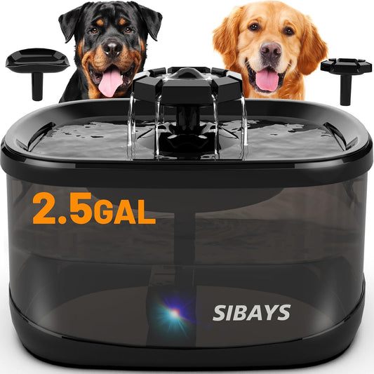 SIBAYS 2.5GAL/9.5L Dog Water Fountain, 3 Flow Modes Pet Water Fountain for Cats, Dog Water Bowl Dispenser with 7" Large Filter & Smart LED Pump, Ultra Quiet, BPA-Free, Ideal for Large Dogs, Multi-pet