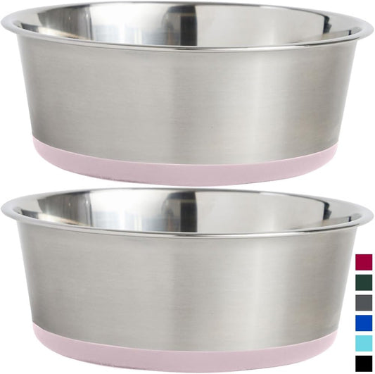 Gorilla Grip Stainless Steel Metal Dog Bowl Set of 2, Rubber Base, Heavy Duty, Rust Resistant, Food Grade BPA Free, Less Sliding, Quiet Pet Bowls for Cats and Dogs, Holds 8 Cups (64 Fl Oz), Lt Pink