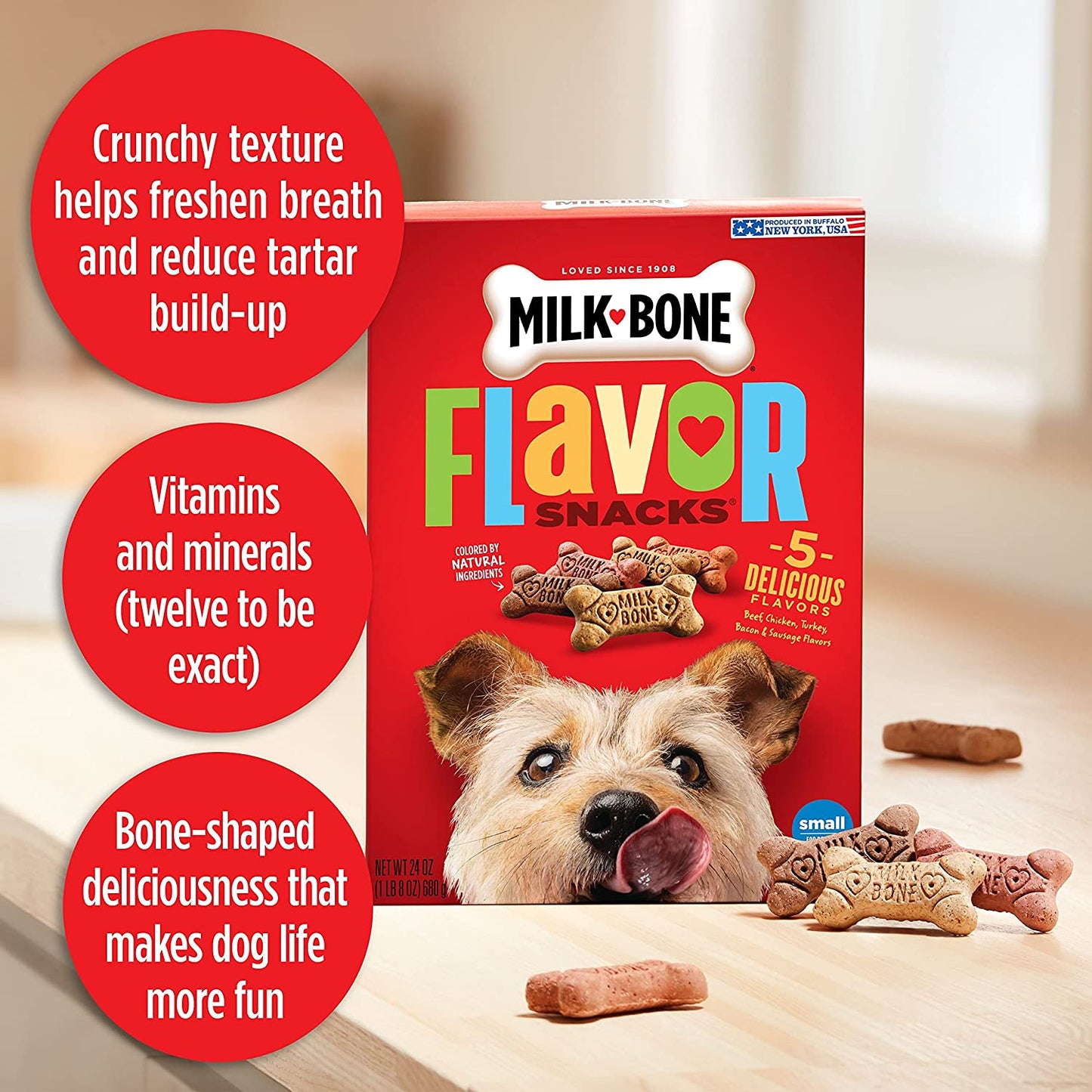 Milk-Bone Flavor Snacks Dog Treats, Small Biscuits, 24 Ounce Crunchy Texture Helps Reduce Tartar