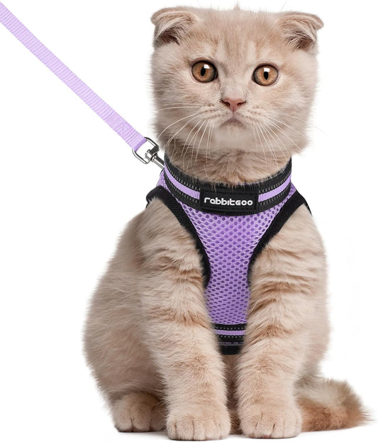 Rabbitgoo Cat Harness and Leash Set for Walking Escape Proof, Adjustable Soft Kittens Vest with Reflective Strip for Cats, Comfortable Outdoor Vest, Light Purple, L