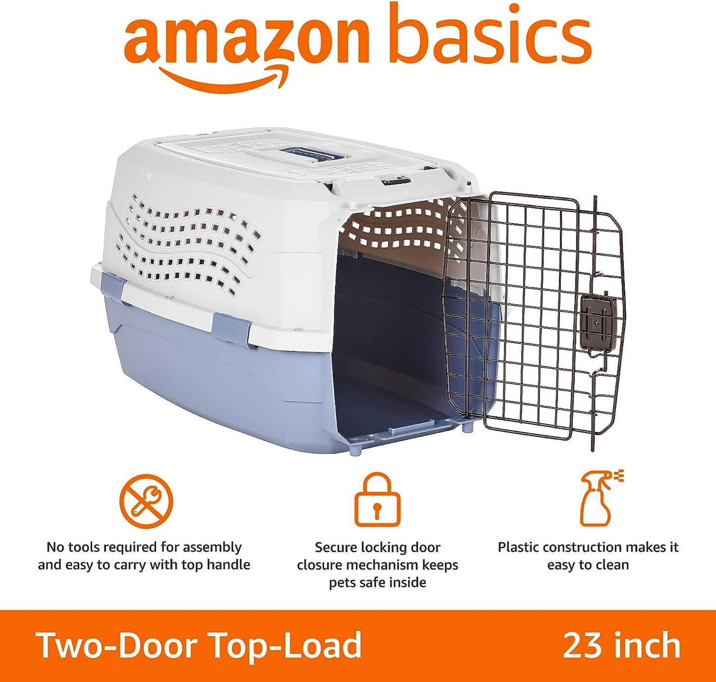 Amazon Basics - 2-Door Top-Load Hard-Sided Dogs, Cats Pet Travel Carrier, Gray & Blue, 22.8"L X 15.0"W X 13.0"H