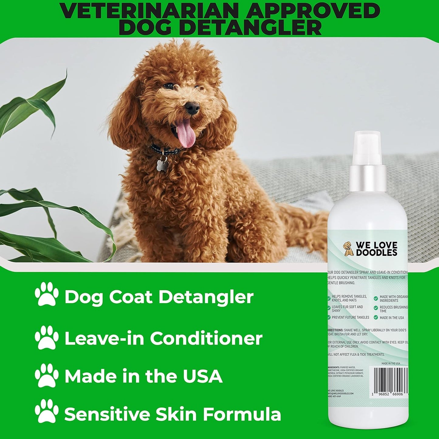 We Love Doodles Dog Detangler Spray - Leave-In Conditioner for Dogs - Dog Detangling Spray - Dematting Spray for Dogs - Tangle Remover - Made in the USA - Large 16 Fl Oz (Lavender)