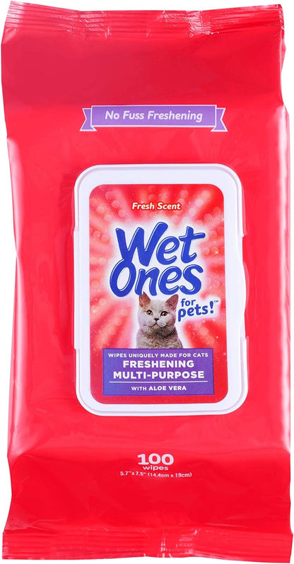 Wet Ones for Pets Freshening Multipurpose Wipes for Cats with Aloe Vera | Easy to Use Cat Cleaning Wipes, Freshening Cat Grooming Wipes for Pet Grooming in Fresh Scent| 100 Ct Pouch Cat Wipes