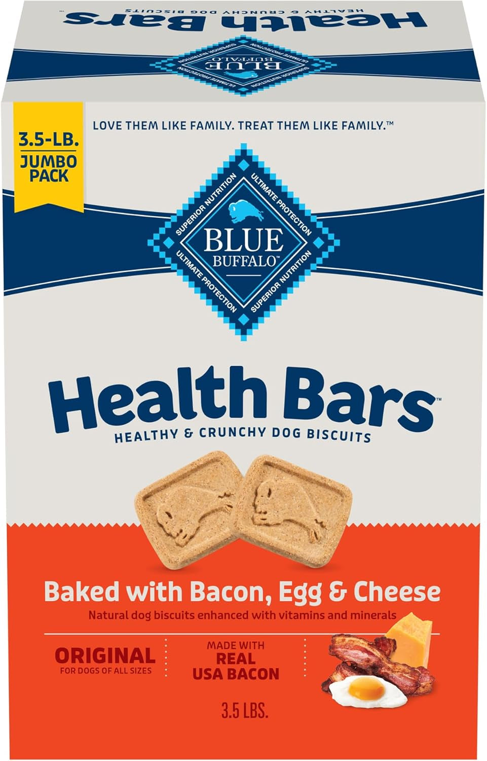 Blue Buffalo Health Bars Crunchy Dog Biscuits, Oven-Baked With Natural Ingredients, Bacon, Egg & Cheese, 3-lb. Box