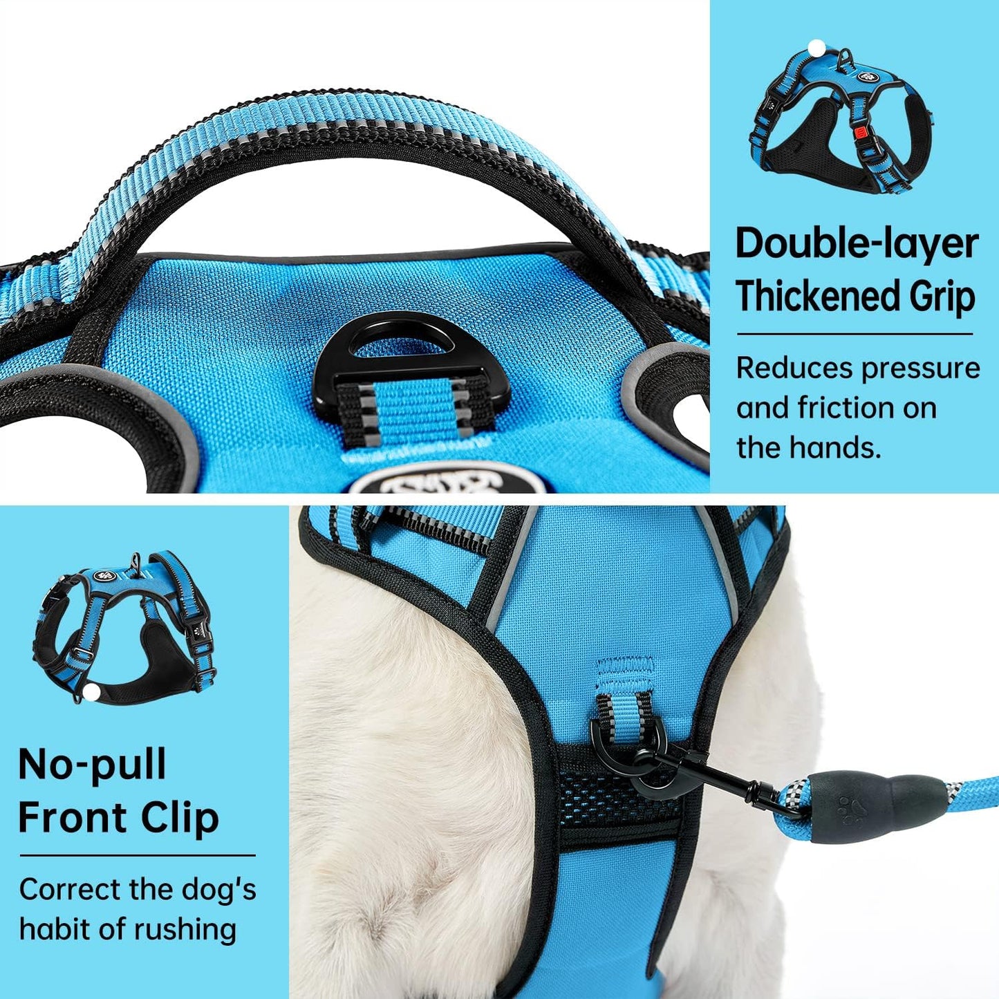 IVY&LANE No Pull Dog Harness for Medium Dogs, Dog Vest Harness with Leash, Safety Belt and Storage Strap, Fully Adjustable Harness, 360° Reflective Strip, Soft Handle (Blue, M)