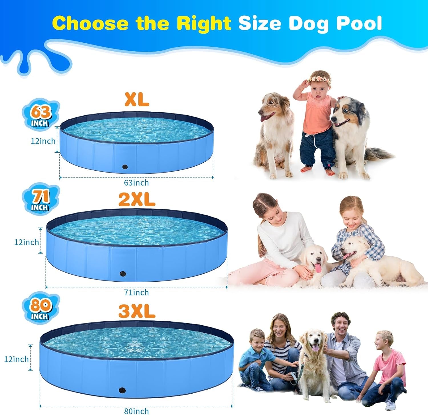 Jecoo Dog Pool with Sprinkler, Large 2-In-1 Foldable Dog Pool for Large Dogs Non-Slip Kiddie Pool Hard Plastic for Outdoor Backyard (80"X12")