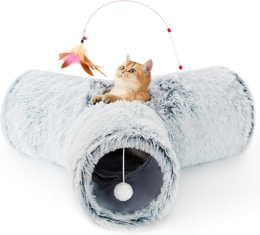 Plush Pet Cat Tunnel Tube Cat Toys 3 Way Collapsible, Cat Tunnels for Indoor Cats，Kitty Tunnel Bored Cat Pet Toys Peek Hole Toy Ball Cat, Puppy, Kitty, Kitten, Rabbit Light Grey