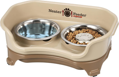 Neater Feeder - Express Model W/Slow Feed Bowl - Mess-Proof Dog Bowls (Small, Cappuccino) Made in USA –Elevated, No Spill, Non-Tip, Non-Slip, Raised Stainless Steel Food/Water Pet Bowls Aid Digestion