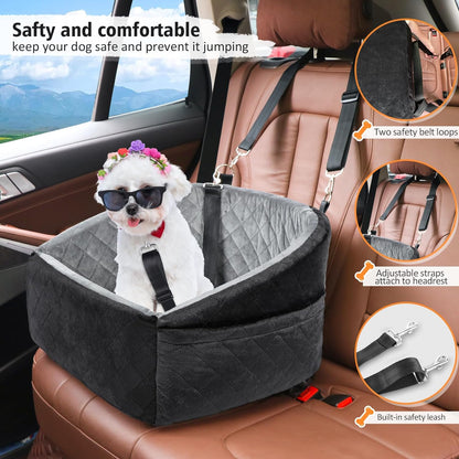 Dog Car Seat for Small Dogs,Detachable Washable Dog Booster Seat under 35Lbs, Pet Car Seat Travel Bed with Storage Pockets and Dog Safety Belt (Black/Grey)