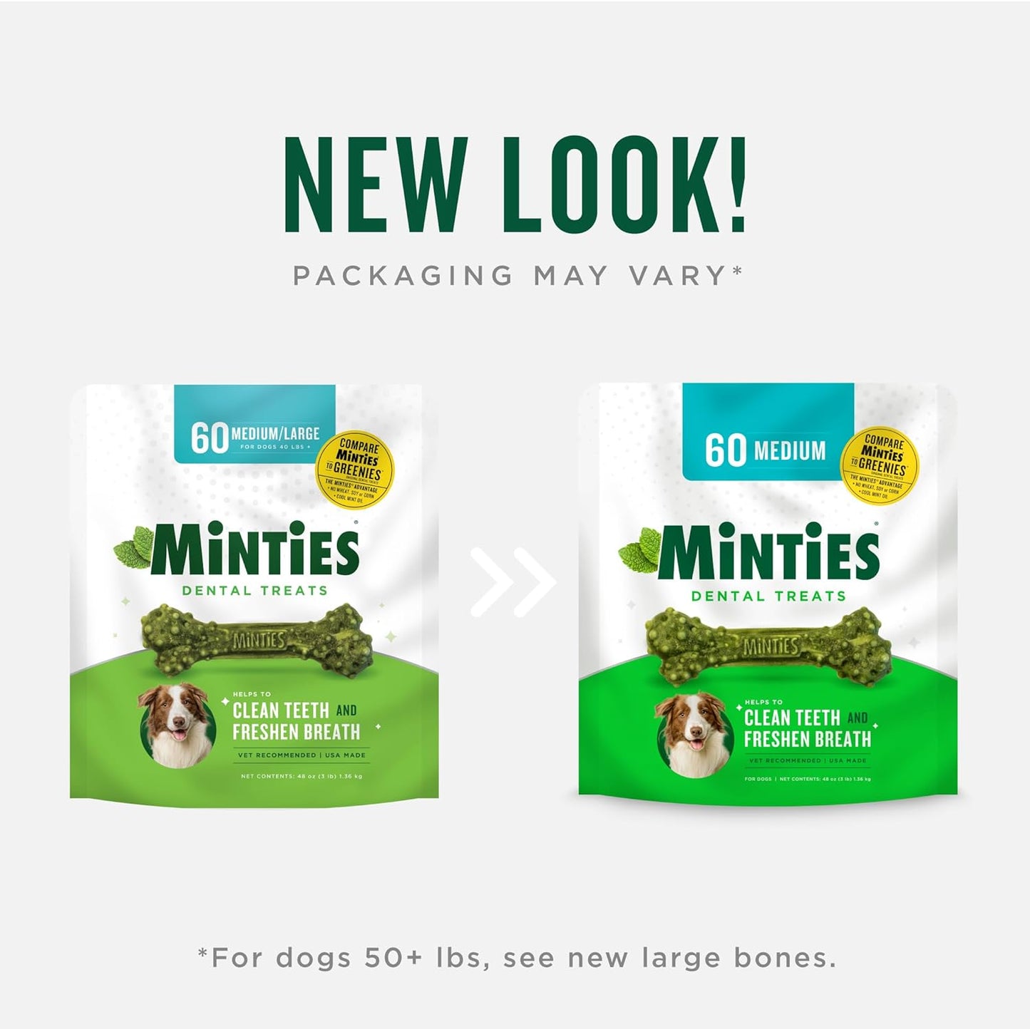 Minties Dental Chews for Dogs, 60 Count, Vet-Recommended Mint-Flavored Dental Treats for Medium Dogs 25-50 Lbs, Dental Bones Clean Teeth, Fight Bad Breath, and Removes Plaque and Tartar