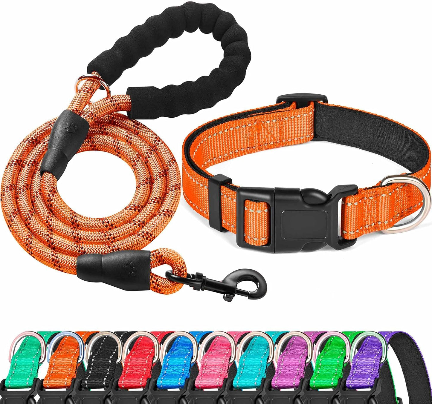 Reflective Dog Collar Padded with Soft Neoprene Breathable Adjustable Nylon Dog Collars for Small Medium Large Dogs (Large (Pack of 1), Orange Collar+Leash)