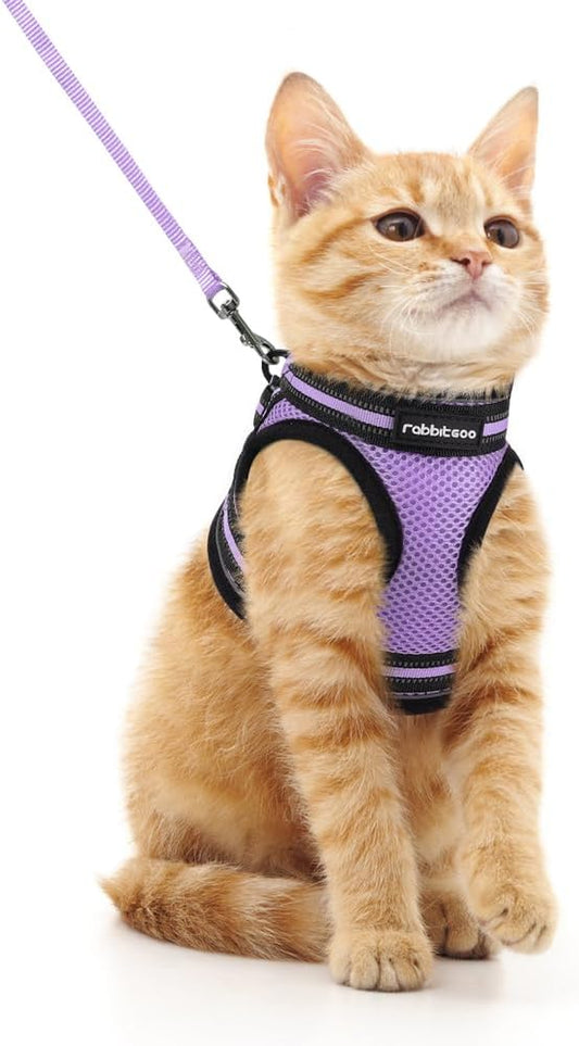 Rabbitgoo Cat Harness and Leash Set for Walking Escape Proof, Adjustable Soft Kittens Vest with Reflective Strip for Cats, Comfortable Outdoor Vest, Light Purple, M