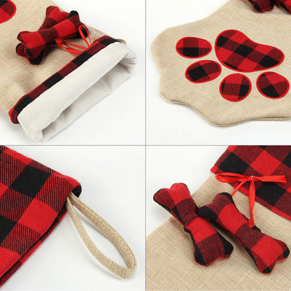 XinblueCo Christmas Pet Stockings Cat Dog Paw Dog Fish Bone Pattern Stockings Buffalo Plaid Fireplace Hanging Stockings for Fireplace Tree Decoration