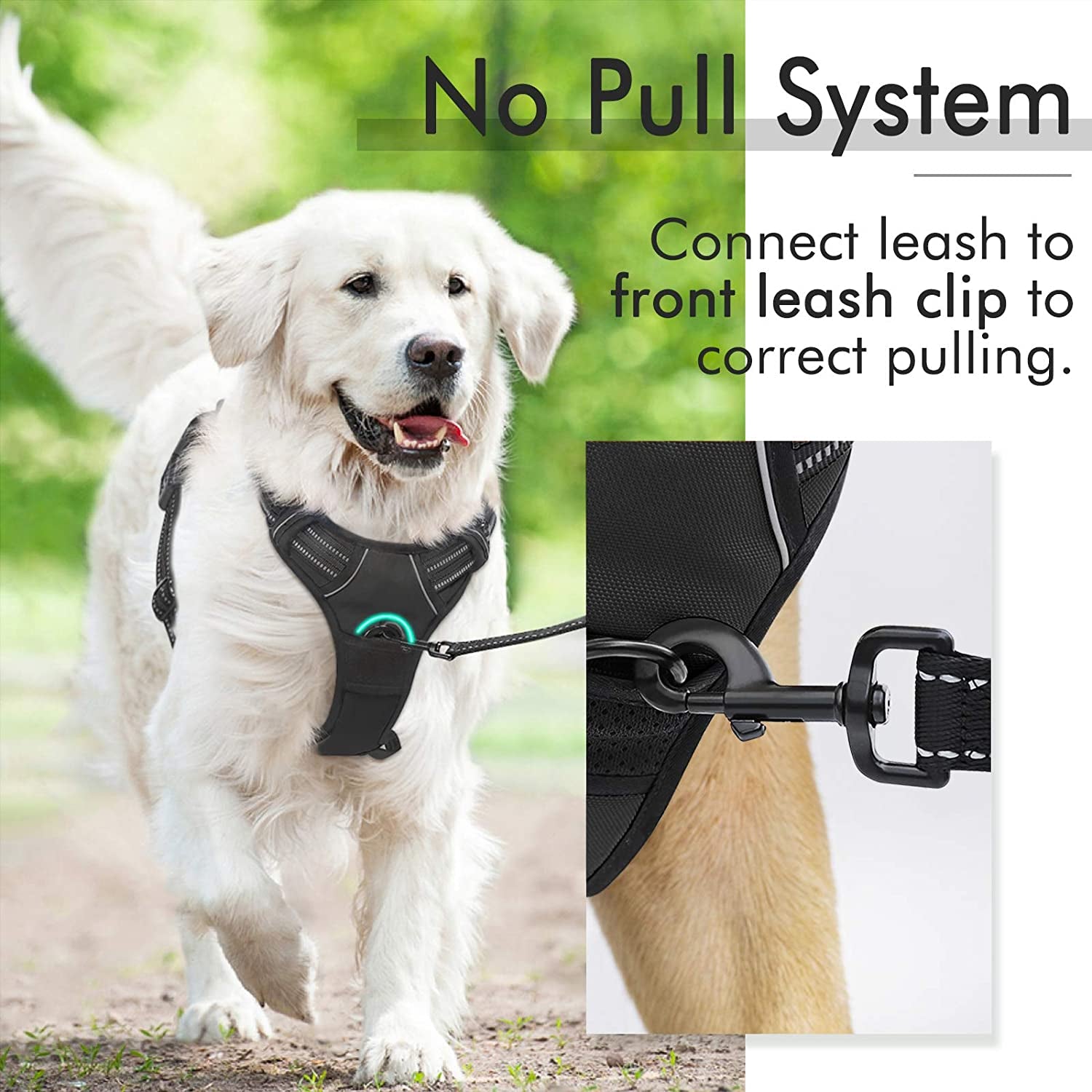 Rabbitgoo Dog Harness, No-Pull Pet Harness with 2 Leash Clips, Adjustable Soft Padded Dog Vest, Reflective No-Choke Pet Oxford Vest with Easy Control Handle for Large Dogs, Black, L