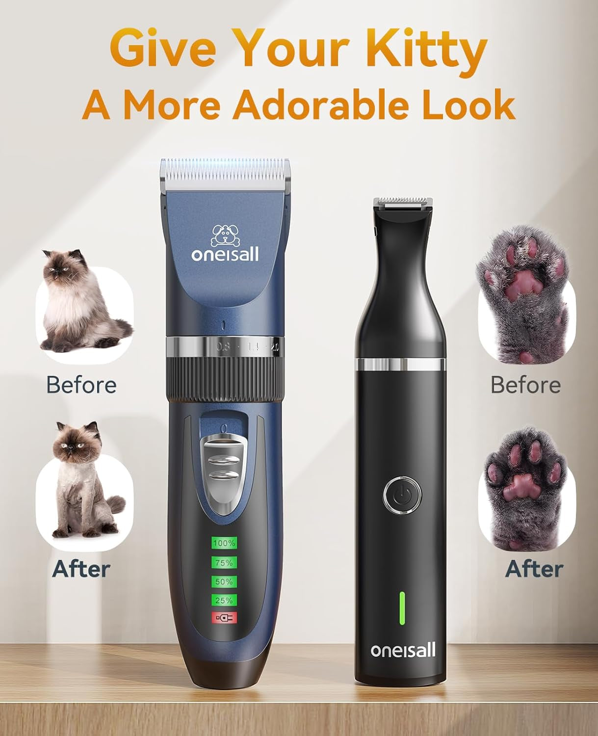 Oneisall Cat Clippers for Matted Hair,3 in 1 Cat Grooming Kit,Quiet Cordless Cat Shaver for Matted Long Hair,2 Speed Cat Hair Trimmer,Pet Clippers for Cats and Small Dogs