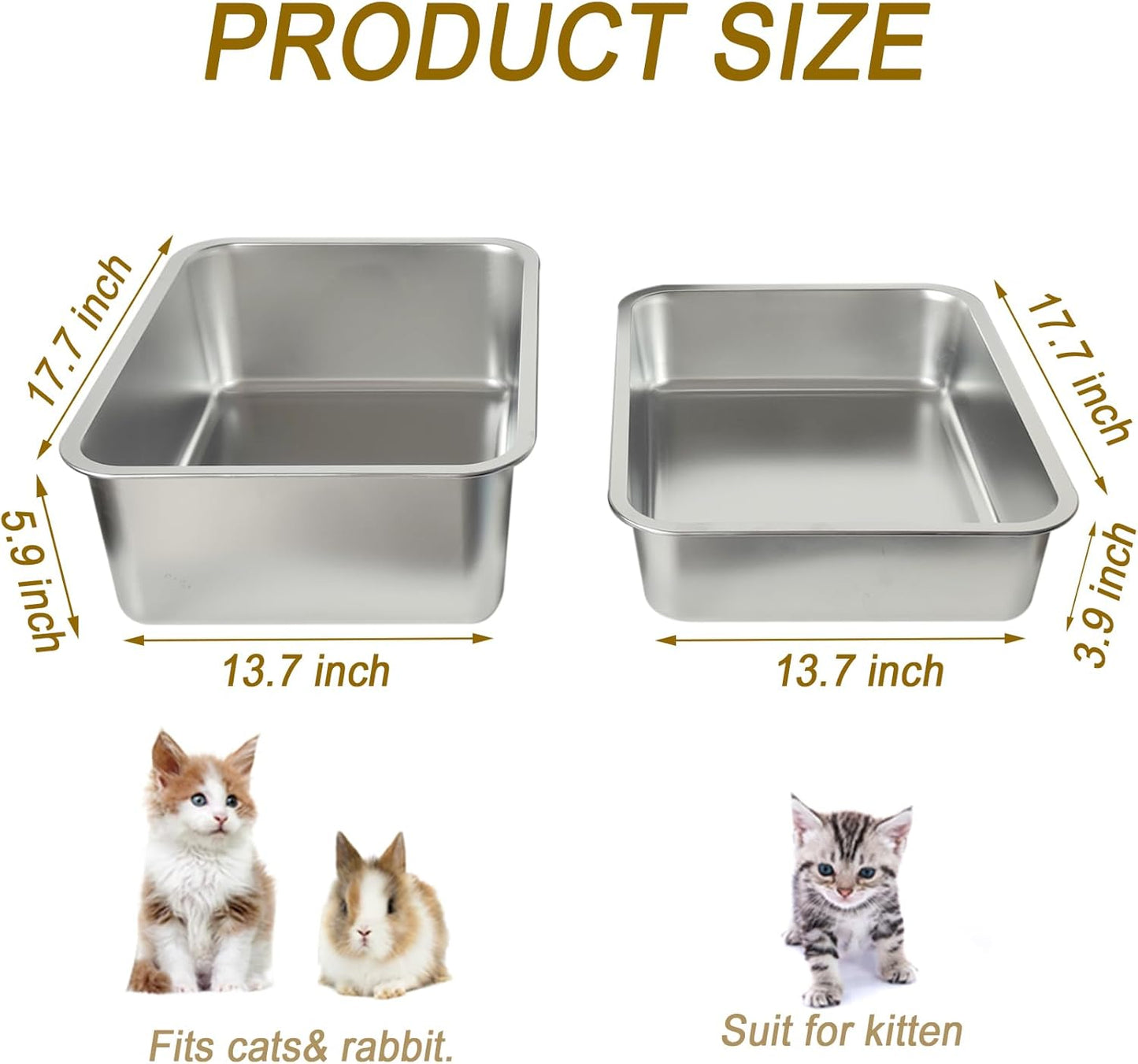 Stainless Steel Litter Box for Kitten, Low Entry Open Metal Litter Pan for Kittens Smooth Surface Durable Litter Pan (17.7" X 13.8" X 3.9") (S-Silver-2PCS)