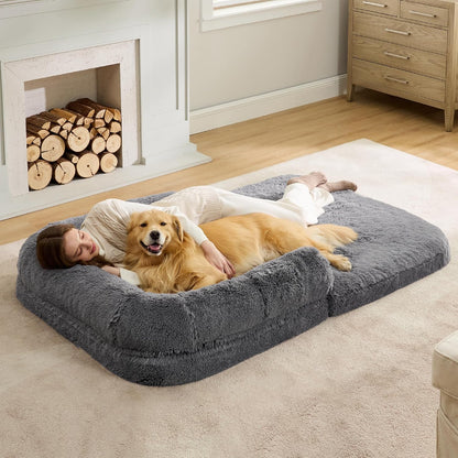 Bedsure Foldable Human Dog Bed for People Adults, 2 in 1 Calming Human Size Giant Dog Bed Fits Pet Families with Egg Foam Supportive Mat and Waterproof Liner, Faux Fur Orthopedic Dog Sofa, Dark Grey