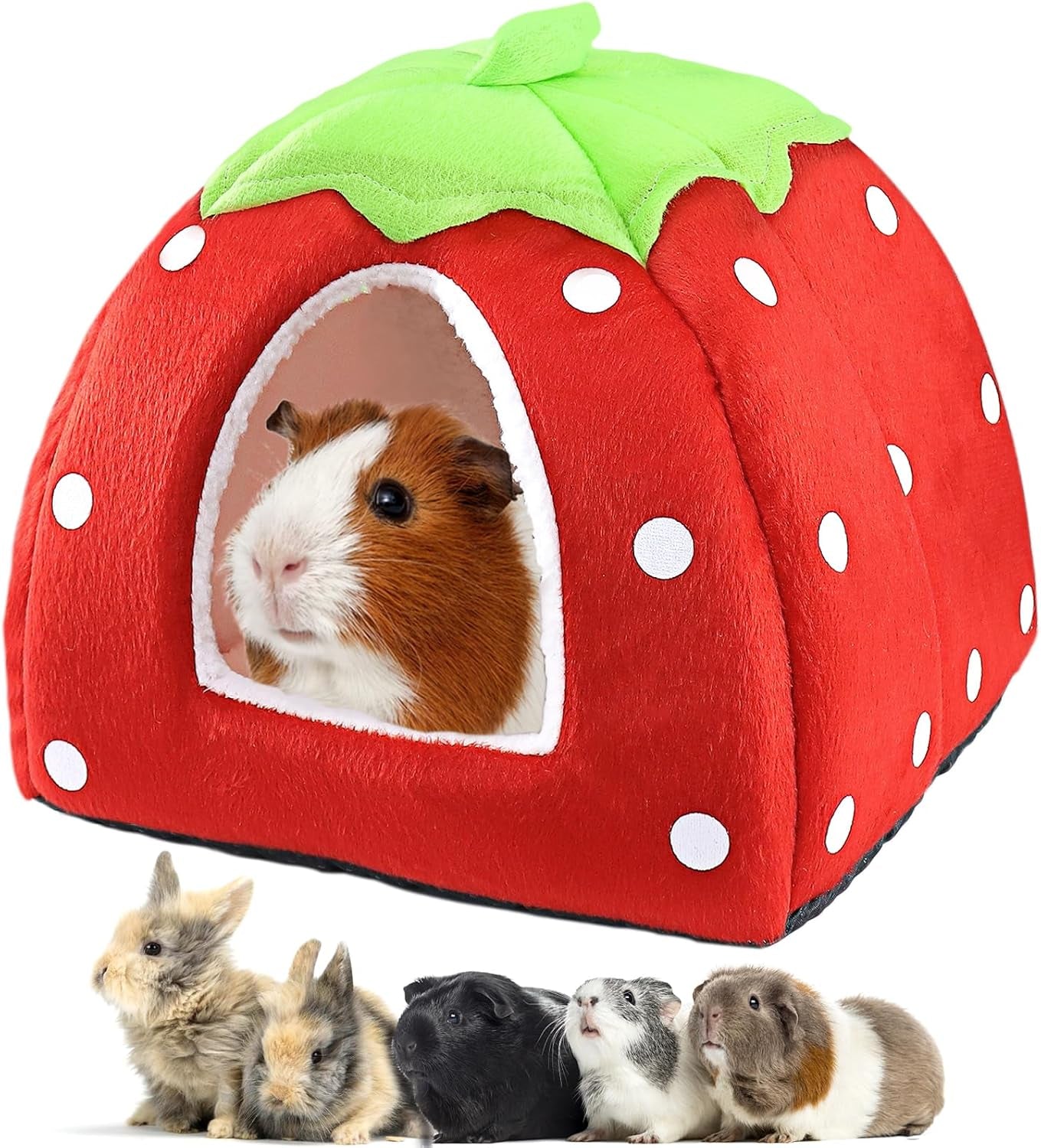 Guinea Pig Bed Rabbit Hideout Warm Fleece Cuddle Cup Washable Winter Sleeping House for Small Pet/Ferret/Chinchilla/Bunny (Strawberry Style)