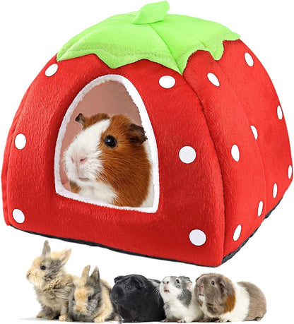 Guinea Pig Bed Rabbit Hideout Warm Fleece Cuddle Cup Washable Winter Sleeping House for Small Pet/Ferret/Chinchilla/Bunny (Strawberry Style)