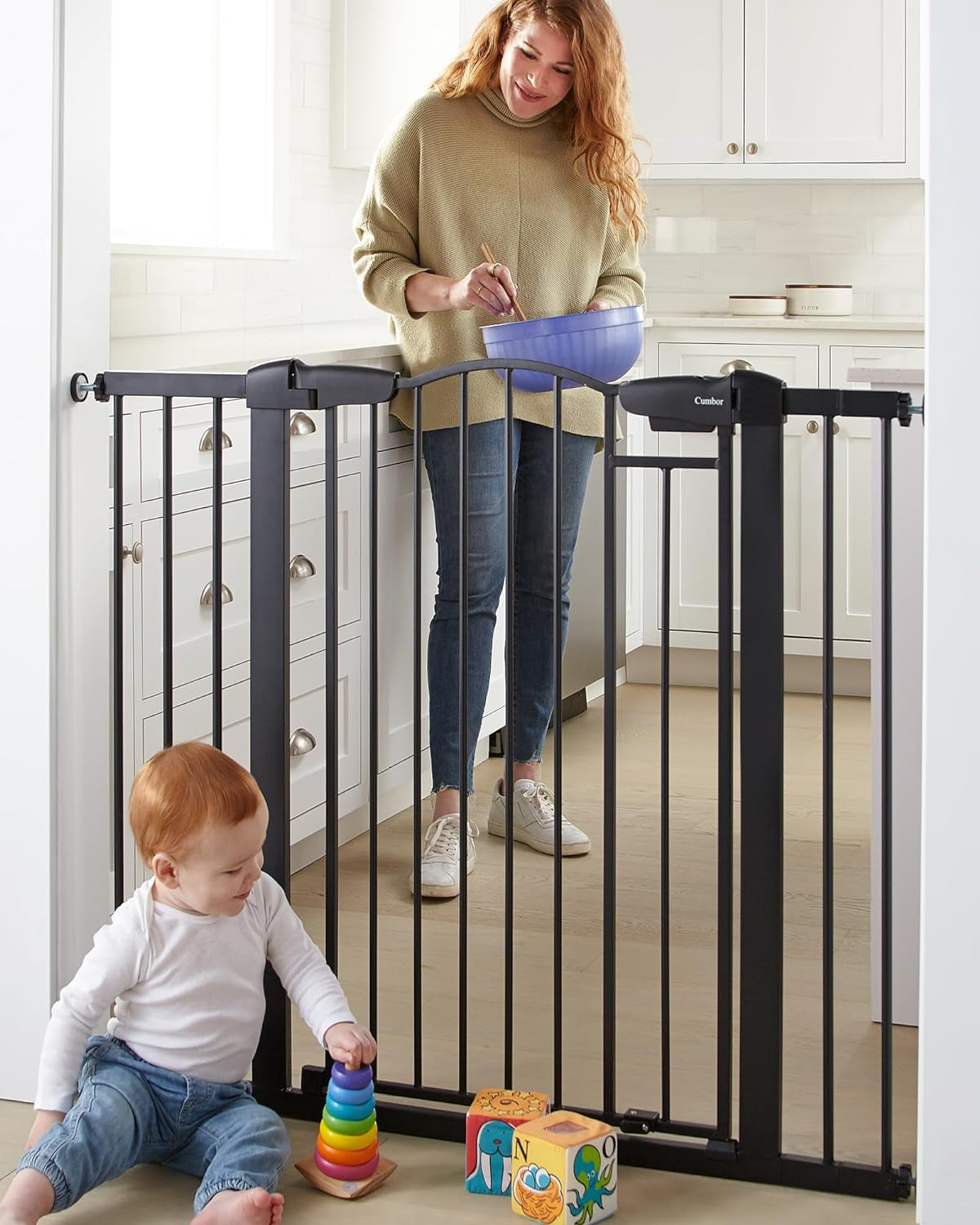 Cumbor 29.7-46" Wide Extra Tall Safety Dog and Baby Gate, 36" Tall Pressure Mounted Auto Closed Pet Gate for Stairs,Doorway, Easy Walk Thru Child Gate for the House, Black, Mom'S Choice Awards Winner