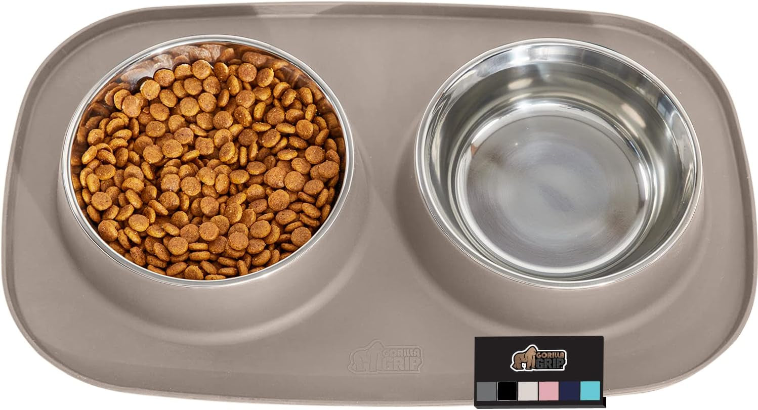 Gorilla Grip 100% Waterproof BPA Free Cat and Dog Bowls Silicone Feeding Mat Set, Stainless Steel Bowl Slip Resistant Raised Edges, Catch Water, Food Mess, No Spills, Pet Accessories, 4 Cup, Beige