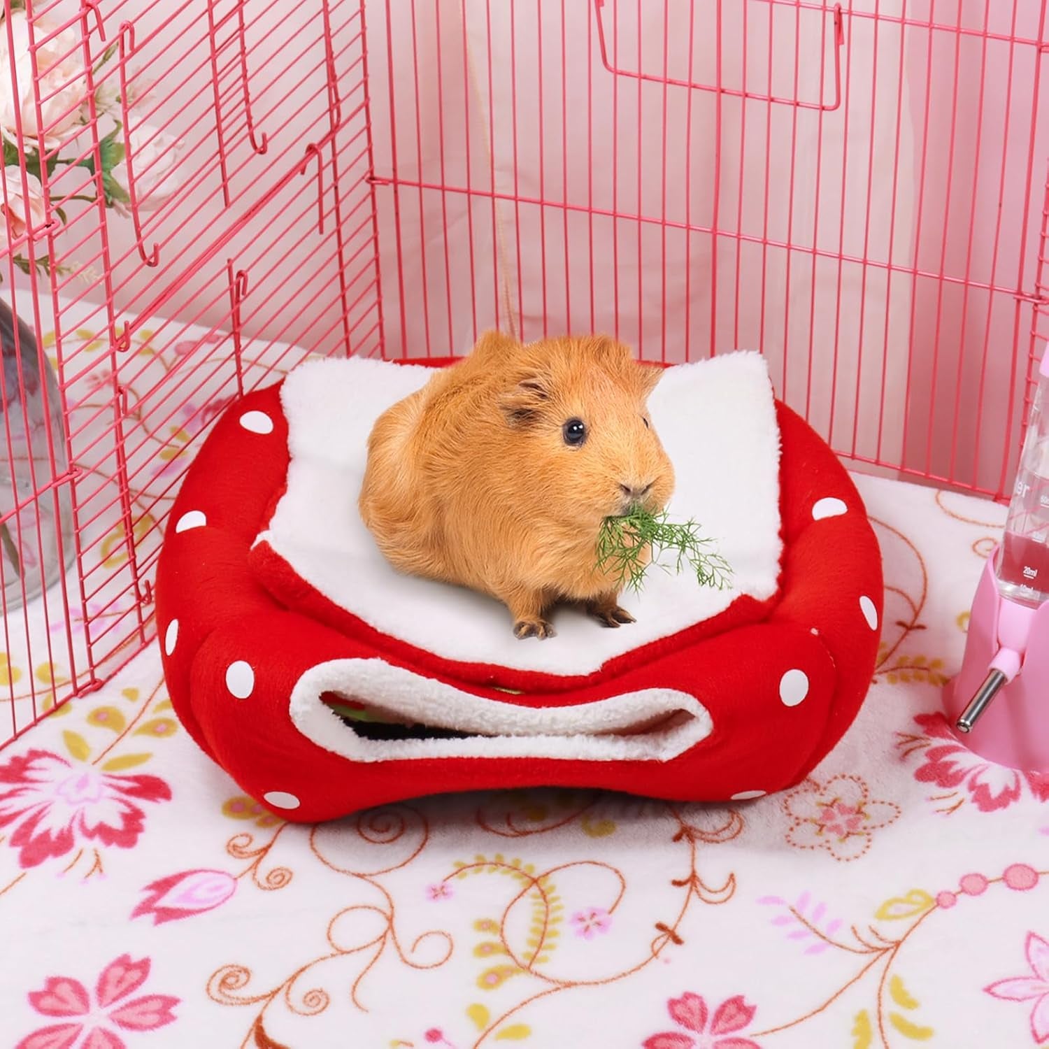 Guinea Pig Bed Rabbit Hideout Warm Fleece Cuddle Cup Washable Winter Sleeping House for Small Pet/Ferret/Chinchilla/Bunny (Strawberry Style)