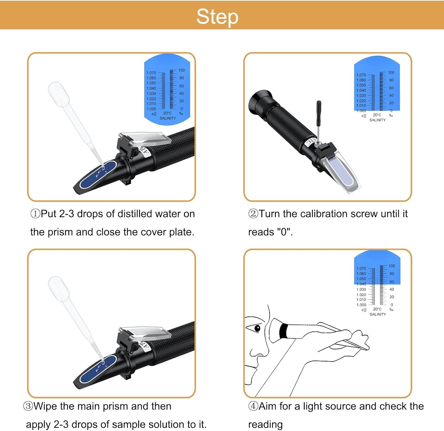 Professional Salinity Refractometer,Salinity Tester, Salt Tester for Saltwater Pool, for Saltwater Aquarium, Pools, and Tanks,Dual Scale 0-100 PPT & Specific Gravity 1.000-1.070 with ATC Function