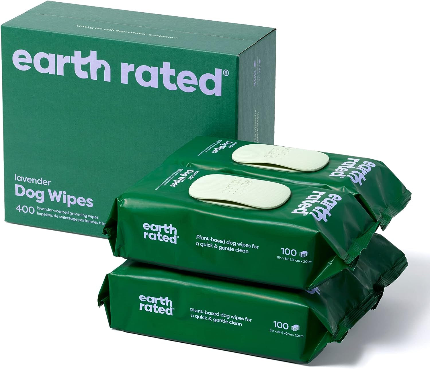 Earth Rated Dog Wipes, Thick Plant Based Grooming Wipes for Easy Use on Paws, Body and Bum, Lavender Scented, 400 Count