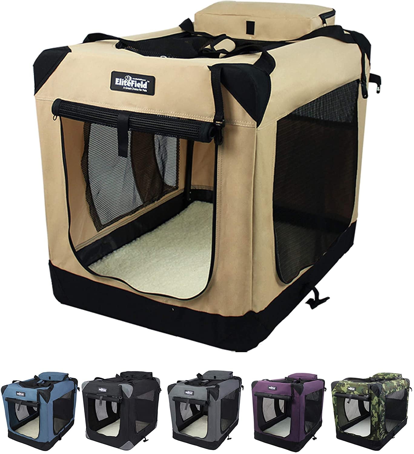 Elitefield 3-Door Folding Soft Dog Crate with Carrying Bag and Fleece Bed (2 Year Warranty), Indoor & Outdoor Pet Home (30" L X 21" W X 24" H, Beige)