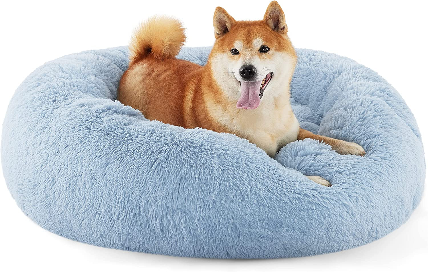 Bedsure Calming Dog Bed for Medium Dogs - Donut Washable Medium Pet Bed, Anti-Slip round Fluffy Plush Faux Fur Cat Bed, Fits up to 45 Lbs Pets, Blue, 30 Inches