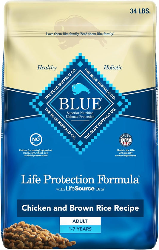 Blue Buffalo Life Protection Formula Adult Dry Dog Food, Helps Build and Maintain Strong Muscles, Made with Natural Ingredients, Chicken & Brown Rice Recipe, 34-Lb. Bag