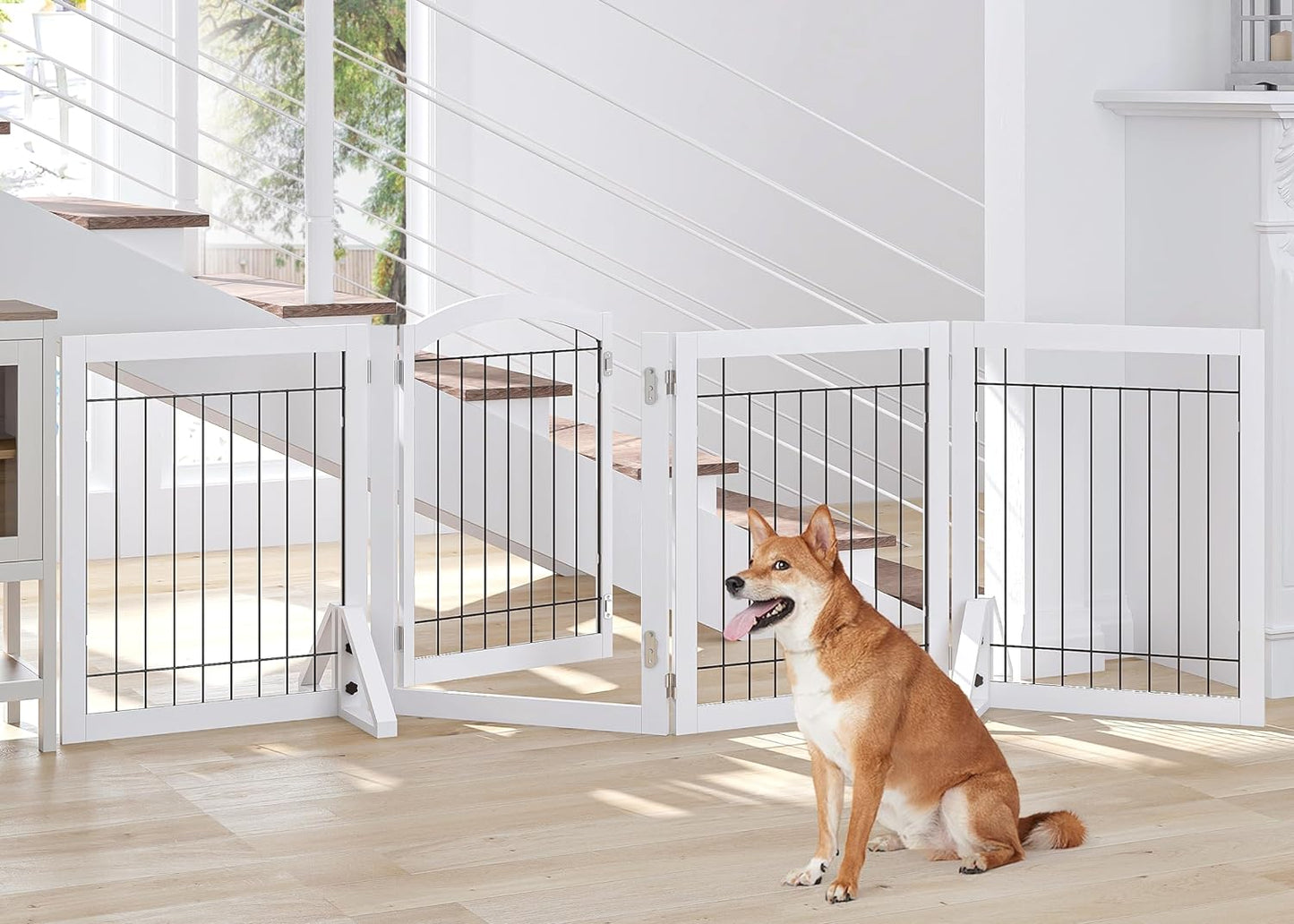 SPIRICH 96-Inch Extra Wide 30-Inches Tall Dog Gate with Door Walk Through, Freestanding Wire Pet Gate for the House, Doorway, Stairs, Pet Puppy Safety Fence, Support Feet Included (White)