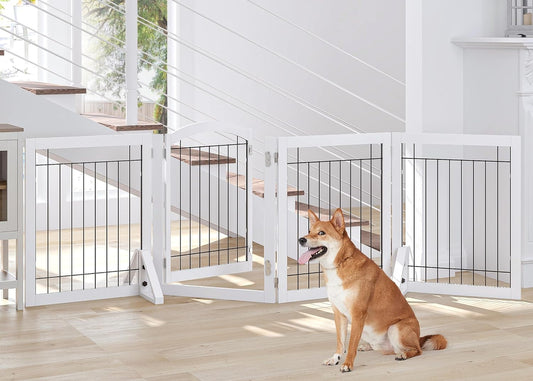 SPIRICH 96-Inch Extra Wide 30-Inches Tall Dog Gate with Door Walk Through, Freestanding Wire Pet Gate for the House, Doorway, Stairs, Pet Puppy Safety Fence, Support Feet Included (White)