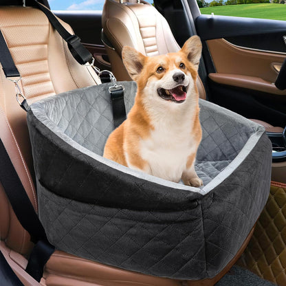 Dog Car Seat for Small Dogs,Detachable Washable Dog Booster Seat under 35Lbs, Pet Car Seat Travel Bed with Storage Pockets and Dog Safety Belt (Black/Grey)