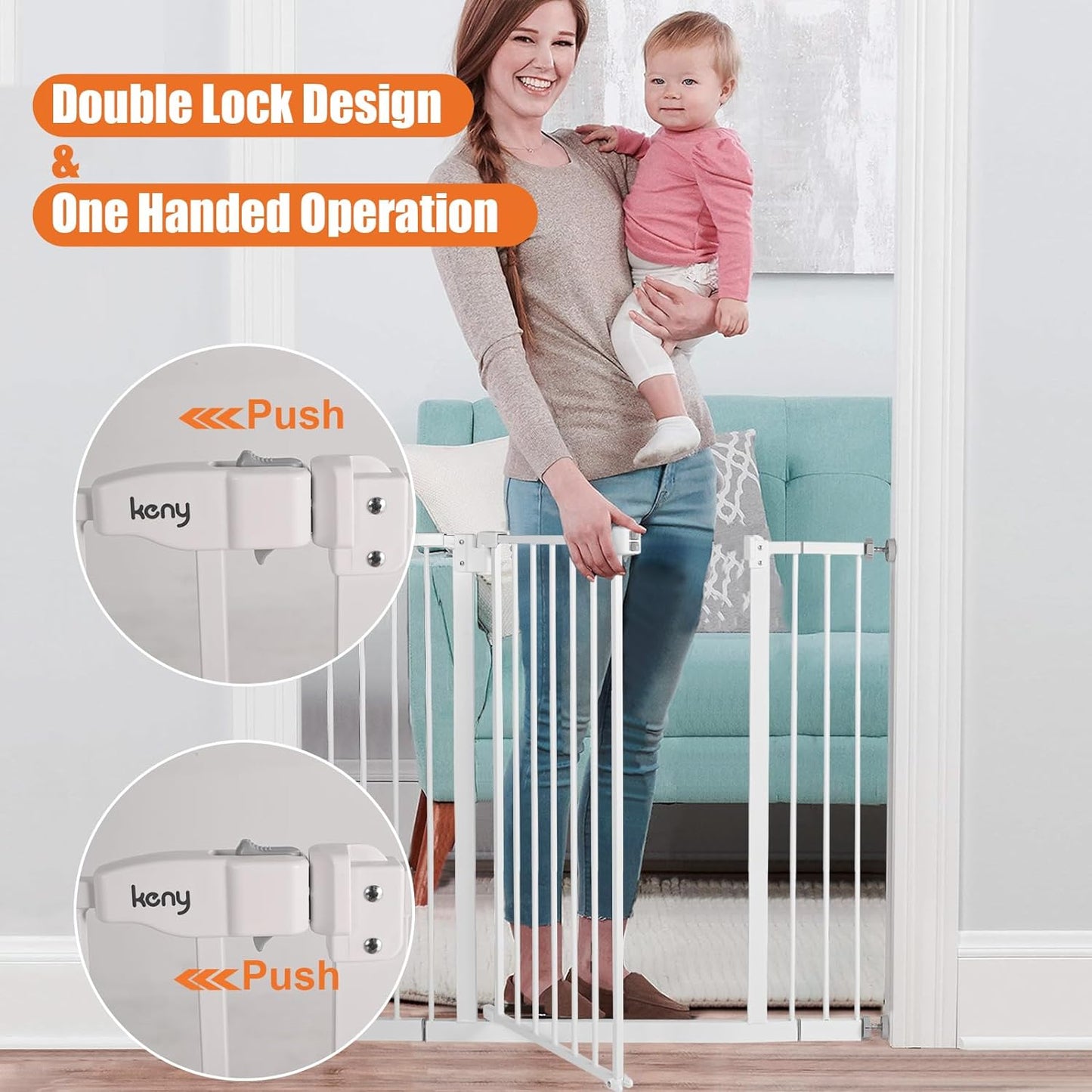 Keny 36" Extra Tall Baby Gate for Stairs, 29"-42.5" Wide Auto Close Dog Gate, Pressure Mounted Easy Walk through Pet Gate for Doorways, Durable Safety Stair Gate, White