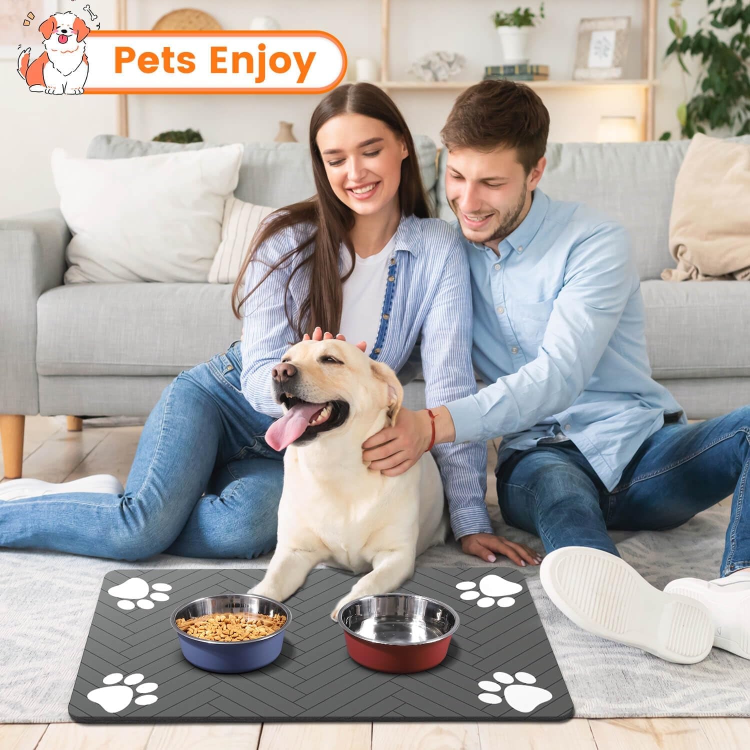 Pet Feeding Mat-Absorbent Pet Placemat for Food and Water Bowl, with Waterproof Rubber Backing, Quick Dry Water Dispenser Mat for Dog and Cat (16"X24", Striped Dark Gray)