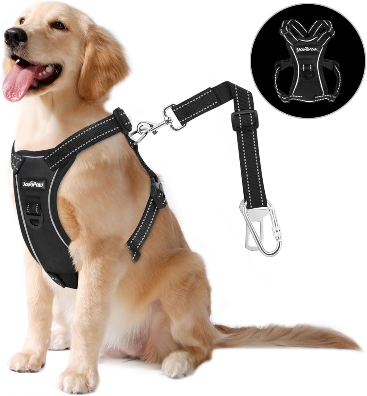 Dog Vehicle Safety Vest Harness, Adjustable Soft Padded Mesh Car Seat Belt Leash Harness with Reflective Strip Travel Strap and Carabiner for Most Cars, XL Size, Carbon Black