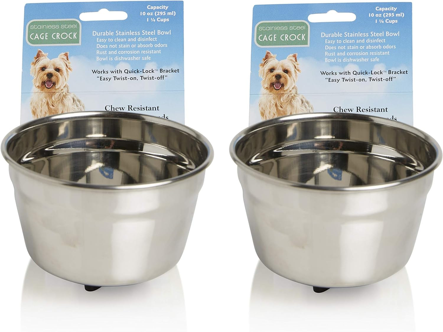 Lixit Quick Lock Removable Dog Kennel Bowls for Wire and Soft Sided Crates (10Oz Wire Crate, Stainless Pack of 2)