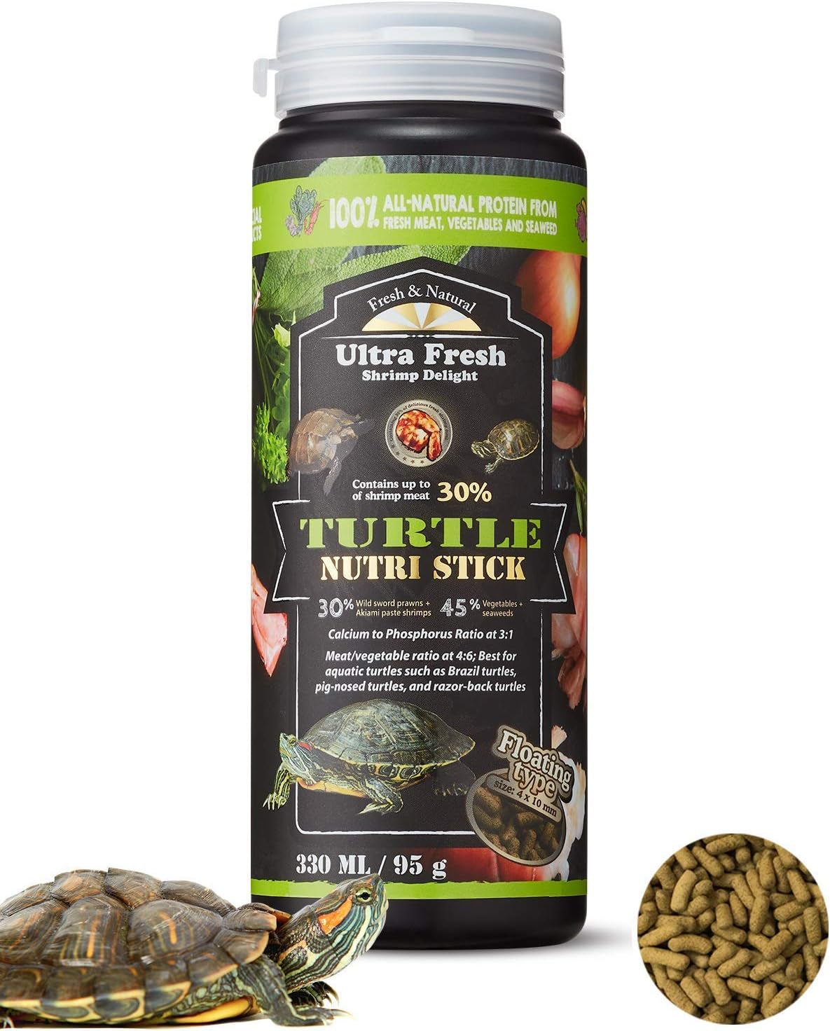 Ultra Fresh - Turtle Nutri Stick, Wild Sword Prawn, Calcium & Vitamin D Enriched Aquatic Turtle Food with Probiotics for Picky Turtles, Made from All Natural Ingredients 3.35 oz