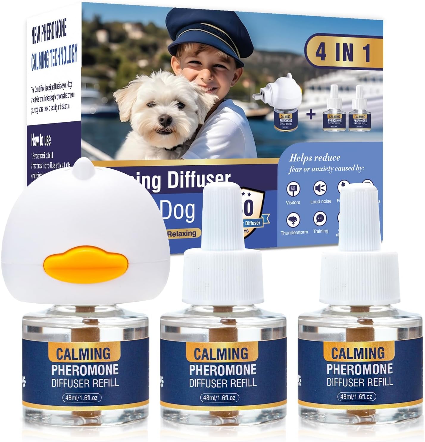 Dog Pheromone Calming Diffuser 4 In 1 Appeasing Pet Pheromones Diffuser to Calm Kit (Plug in+ 3 Pack 48ml Refill) for Anxiety Relief Reduce Barking Aggression Fighting Stress 90 Day Supply(Tasteless)