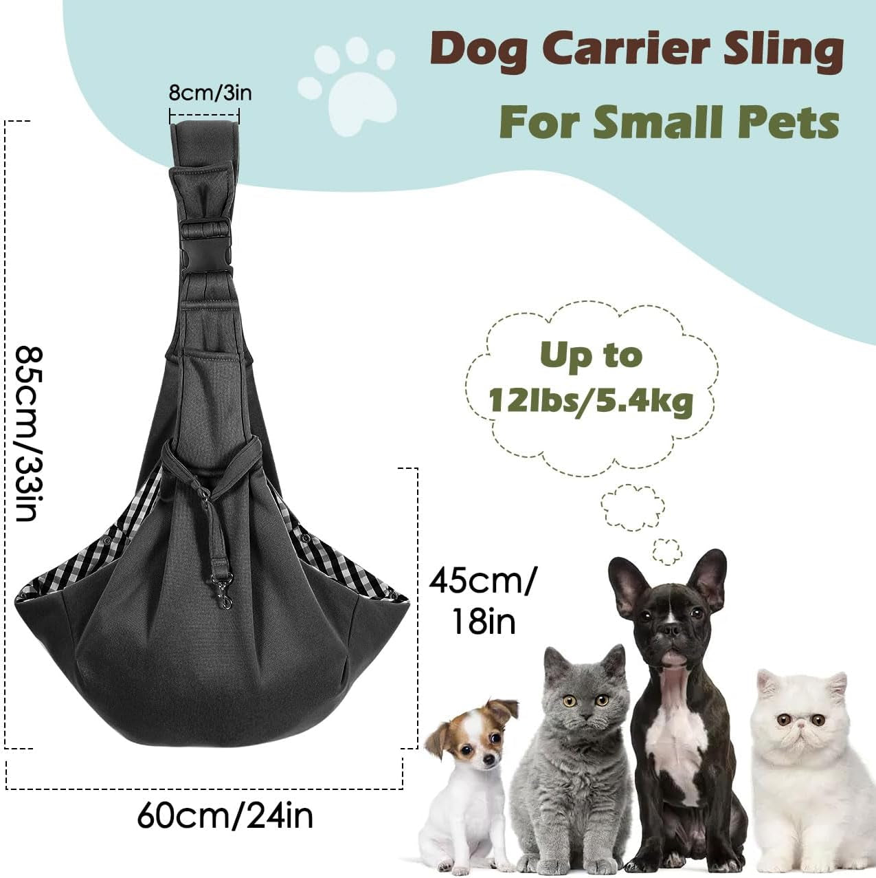 Pawaboo Dog Sling Carrier for Small Dogs, Reversible Hand Free Dog Carrier Sling with Adjustable Strap Buckle & Safety Leash - Soft Pouch and Tote - Suitable for Carry Small Dogs and Cats, up to 12Lbs