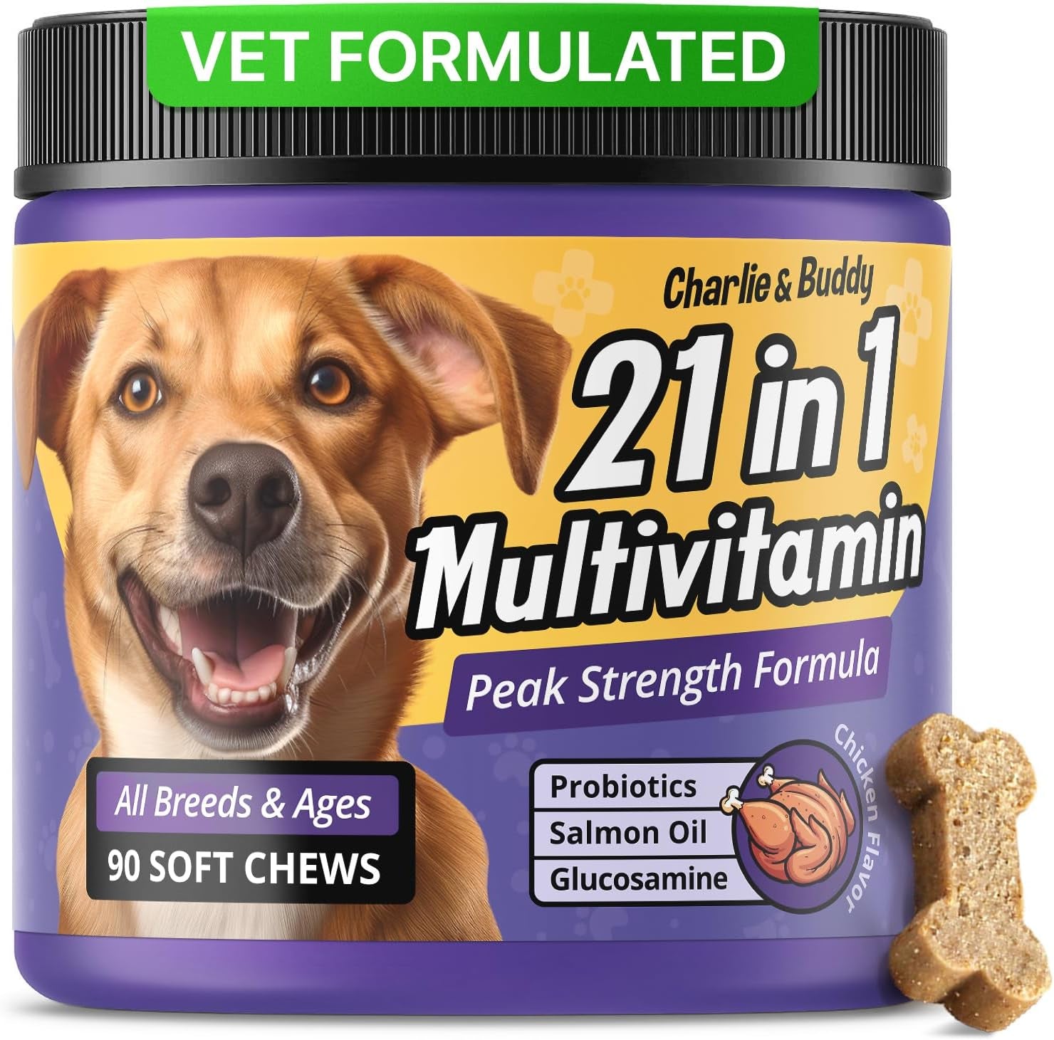 Charlie & Buddy Dog Multivitamin 21 in 1 - Dog Vitamins and Supplements with Vitamin C Multivitamin for Dogs - Chicken Flavour Dog Vitamins Soft Chews - 90ct