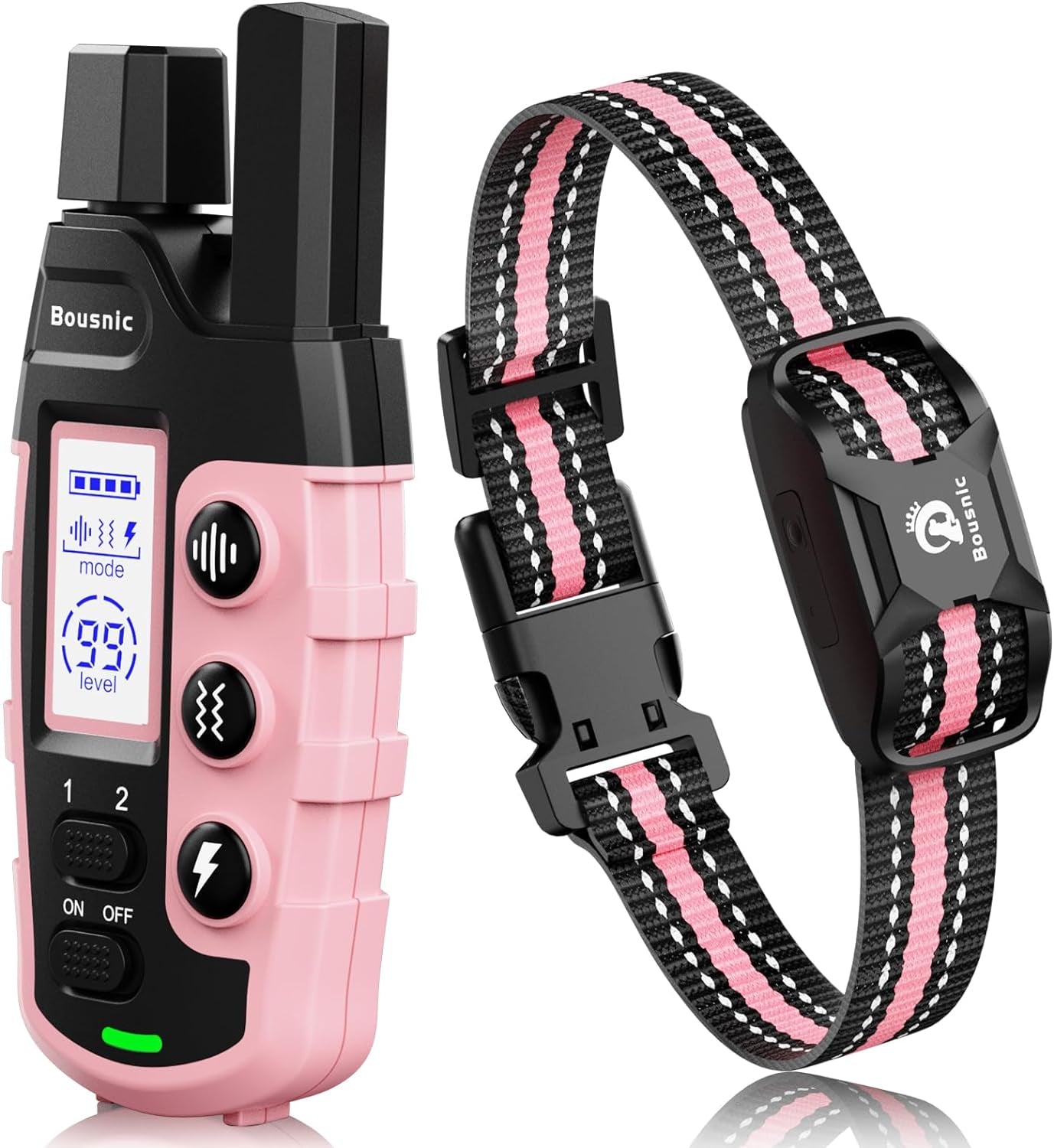 Bousnic Dog Shock Collar - 3300Ft Dog Training Collar with Remote for 5-120Lbs Small Medium Large Dogs Rechargeable Waterproof E Collar with Beep (1-8), Vibration(1-16), Safe Shock(1-99) (Pink)