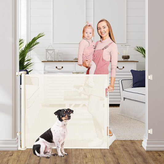 60 Inch Retractable Baby Gate Mesh Dog Gates for the House Pet Gates for Dogs Child Gates for Doorways Outdoor Gates for Decks Stair Gates for Kids or Pets Indoor Gate for Dogs Toddler Gate (Beige)