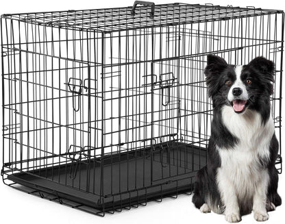 FDW Dog Crate Dog Cage Pet Crate for Large Dogs 42 Inch Folding Metal Pet Cage Double Door W/Divider Panel Indoor Outdoor Dog Kennel Leak-Proof Plastic Tray Wire Animal Cage,Dark Black