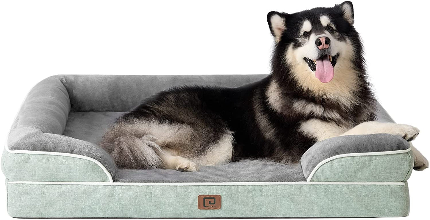 EHEYCIGA Orthopedic Dog Beds for Extra Large Dogs, Waterproof Memory Foam XXL Dog Bed with Sides, Non-Slip Bottom and Egg-Crate Foam Big Dog Couch Bed with Washable Removable Cover, Greyish Green