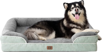 EHEYCIGA Orthopedic Dog Beds for Extra Large Dogs, Waterproof Memory Foam XXL Dog Bed with Sides, Non-Slip Bottom and Egg-Crate Foam Big Dog Couch Bed with Washable Removable Cover, Greyish Green