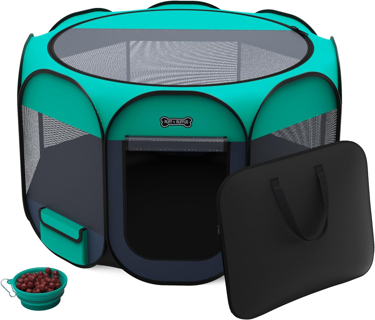 Ruff 'N Ruffus Portable Foldable Pet Playpen + Carrying Case & Collapsible Travel Bowl | Indoor/Outdoor Use | Water Resistant | Removable Shade Cover (Medium)