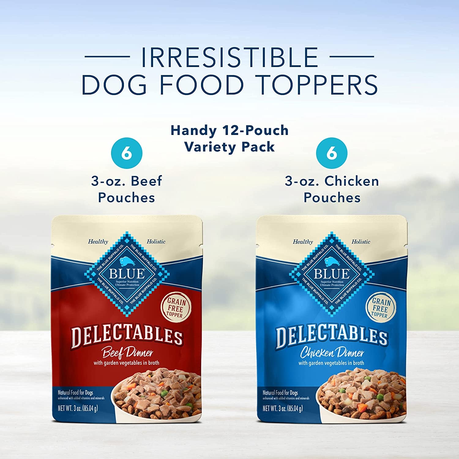 Blue Buffalo Delectables Natural Wet Dog Food Toppers Variety Pack, Tasty Chicken & Hearty Beef, Cuts in Gravy, 3-oz. (12 Pouches, 6 of Each Flavor)