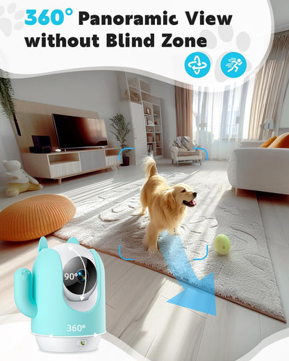 Pet Camera, 2K Indoor Security Camera, 360° Dog Camera with Phone App, Baby Monitor W/One-Touch Call, AI Motion Detection & Tracking, IR Night Vision, Cloud/Sd Card Storage, 2.4Ghz Wi-Fi, Blue